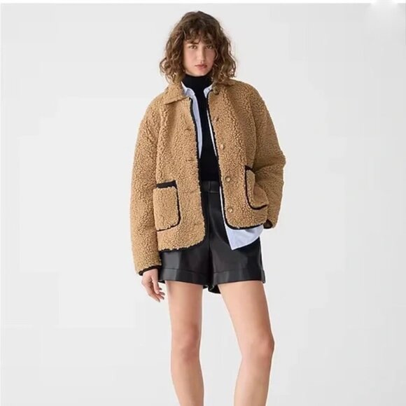 J. CREW Faux Sherpa Barn Jacket Tan Pockets Button Up - Picture 1 of 6